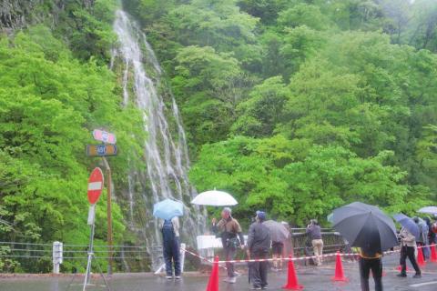 傘を差しながら「幻の滝」に見入って